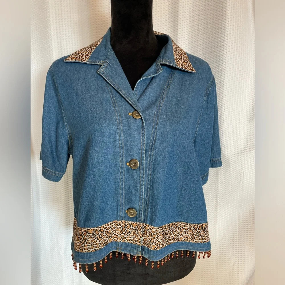 SAG Harbor 100% cotton Denim V-neck Short Sleeve Leopard Fringe Cropes Blouse 14